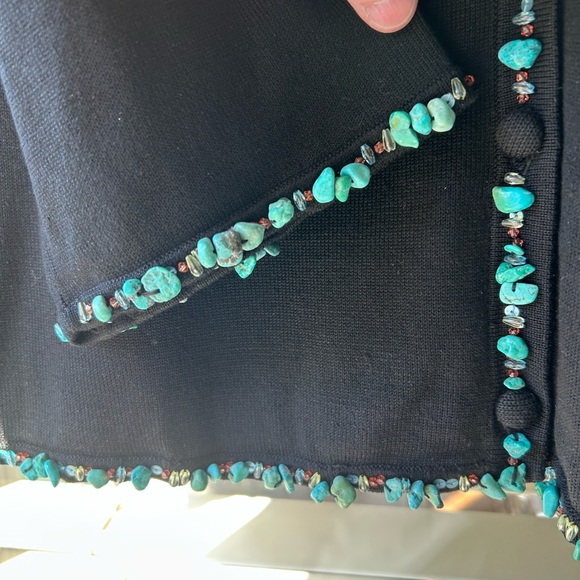 NWT Michael Simon Hand Beaded Natural Turquoise Gem Stone Trim Black Cardigan. L - Picture 12 of 13